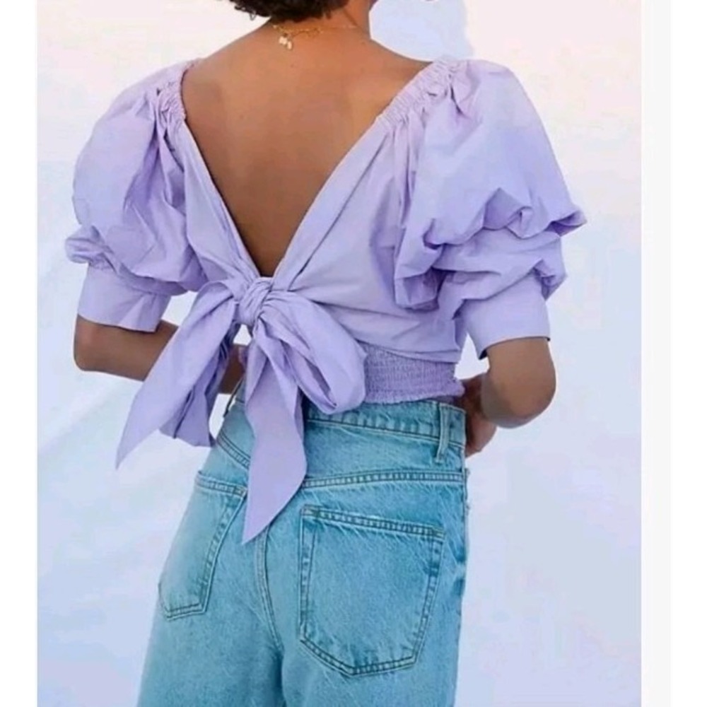 Mare Mare Free People Diola Lilac Purple Tie Back Puff Sleeve Top EUC Size XS